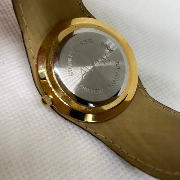 Avon women gold brown tone watch 33mm round case quartz cuff bangle running - Picture 6 of 7